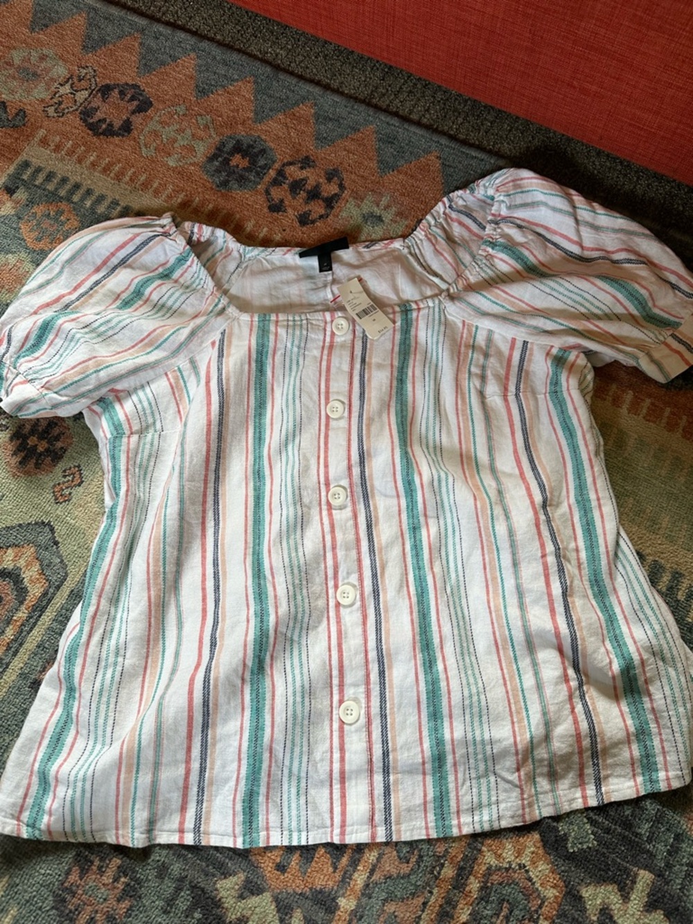 Lane Bryant White Button-Front Top with Pink, Green & Blue Stripes